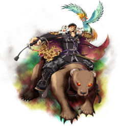 Rule 34 | 1boy, animal, animal print, ars goetia, balam (mygrimoire), bear, belt, bird, boots, cape, claws, fur, hat, highres, holding, kyousaku, leopard print, long sleeves, looking at viewer, mygrimoire, original, pants, red eyes, riding, simple background, weapon, whip, white background