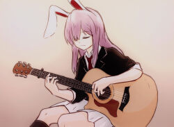 Rule 34 | 1girl, animal ears, blazer, closed eyes, closed mouth, collared shirt, commentary, guitar, highres, instrument, jacket, light smile, long hair, music, necktie, niangao (8490593), playing guitar, playing instrument, purple hair, rabbit ears, rabbit girl, red necktie, reisen udongein inaba, shirt, skirt, solo, touhou, traditional media, white shirt, white skirt