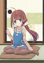Rule 34 | 10s, 1girl, ahoge, between fingers, blue dress, blue eyes, blush, board game, brown hair, brown pantyhose, brown sweater, closed mouth, commentary request, cushion, dress, full body, hair ribbon, hand up, head tilt, highres, hinatsuru ai, holding, indoors, long hair, long sleeves, looking at viewer, low twintails, no shoes, pantyhose, ribbon, ryuuou no oshigoto!, sakuna, shogi, sleeveless, sleeveless dress, sleeves past wrists, sliding doors, smile, solo, sweater, turtleneck, turtleneck sweater, twintails, very long hair, yellow ribbon, zabuton