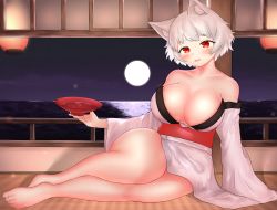 Rule 34 | 1girl, absurdres, alcohol, alternate costume, animal ear fluff, animal ears, bad id, bad pixiv id, bare shoulders, barefoot, blush, board game, breasts, collarbone, commentary, cup, english commentary, fang, highres, holding, holding cup, inubashiri momiji, japanese clothes, kimono, lantern, large breasts, long sleeves, looking at viewer, lying, moon, night, on side, open mouth, paper lantern, railing, red eyes, red sash, reflection, reflective water, sakazuki, sake, sash, shogi, short hair, sitting, skin fang, sky, solo, star (sky), starry sky, take (take143000), tatami, thick thighs, thighs, toes, touhou, white hair, white kimono, wolf ears, wood, yokozuwari