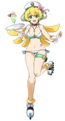 Rule 34 | 1girl, alternate costume, android, bikini, blonde hair, choker, cinnamon (mega man), cocktail, facing viewer, full body, green eyes, halterneck, hat, highres, jewelry, leg up, long hair, looking at viewer, mega man (series), mega man x (series), mega man x dive, open mouth, pendant, plate, roller skates, side-tie bikini bottom, simple background, skates, smile, solo, swimsuit, white background, wrist cuffs, yuri nozomi