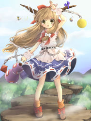 Rule 34 | &gt;:o, 3girls, :o, alice margatroid, bad id, bad pixiv id, belt, blonde hair, bow, broom, broom riding, brown eyes, brown hair, chain, child, cloud, day, female focus, forest, gourd, hair bow, hanabana tsubomi, highres, horn ornament, horn ribbon, horns, ibuki suika, kirisame marisa, looking at viewer, mountain, multiple girls, nature, outdoors, ribbon, rock, skirt, sky, sleeveless, standing, touhou, v-shaped eyebrows, wrist cuffs