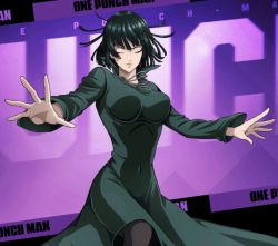 Rule 34 | 1girl, animated, animated gif, black hair, bouncing breasts, breasts, dress, floating, floating hair, fubuki (one-punch man), green eyes, large breasts, official art, one-punch man