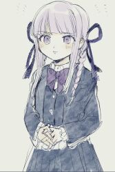 Rule 34 | 1girl, black jacket, black ribbon, black skirt, black sleeves, black vest, blazer, bow, bowtie, braid, buttons, closed mouth, coattails, collared jacket, collared shirt, commentary request, cowboy shot, danganronpa, danganronpa (series), danganronpa kirigiri, eyelashes, fingernails, frilled sleeves, frills, hair over shoulder, hair ribbon, happy, highres, interlocked fingers, jacket, kirigiri kyoko, light blush, light smile, long hair, long sleeves, looking at viewer, no+bi=, notice lines, open clothes, open jacket, own hands together, pleated skirt, pocket, purple bow, purple bowtie, purple eyes, purple hair, ribbon, shirt, sidelocks, skirt, skirt set, solo, straight hair, twin braids, vest, white shirt