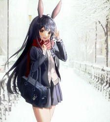 Rule 34 | 1girl, :d, absurdres, animal ears, bag, black hair, blazer, blush, carrying over shoulder, highres, jacket, long hair, long sleeves, looking at viewer, open mouth, orange eyes, original, rabbit ears, red scarf, scarf, school uniform, skirt, smile, solo, sweater, uniform, waving, whoing x2