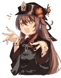 1girl absurdres black_hat black_jacket black_nails brown_eyes brown_hair cropped_torso flower flower-shaped_pupils genshin_impact hair_between_eyes hands_up hat hat_flower highres hu_tao_(genshin_impact) jacket long_hair long_sleeves looking_at_viewer nail_polish notice_lines open_mouth red_flower red_shirt shirt signature simple_background sofra solo symbol-shaped_pupils teeth twitter_username upper_body upper_teeth_only very_long_hair white_background