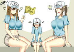 Rule 34 | 10s, 1boy, 2girls, ^ ^, absurdres, age difference, aged up, blush, breasts, brown hair, closed eyes, embarrassed, english text, flag, girl sandwich, hat, hataraku saibou, heart, height difference, highres, large breasts, long hair, multiple girls, pants, platelet (hataraku saibou), ponytail, ryle, sandwiched, shiny skin, shirt, short hair, shorts, smile, tight clothes, tight pants, wavy mouth