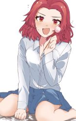Rule 34 | 1girl, bed sheet, blue skirt, commentary request, dress shirt, fang, flying sweatdrops, girls und panzer, highres, holding, looking at viewer, medium hair, mimikaki, miniskirt, necktie, on bed, open mouth, orange eyes, partially unbuttoned, pleated skirt, red hair, rosehip (girls und panzer), school uniform, shirt, simple background, sitting, skin fang, skirt, smile, solo, st. gloriana&#039;s school uniform, wariza, white background, white shirt, wing collar, zono (inokura syuzo029)