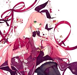 Rule 34 | 1girl, arcaea, blunt bangs, boots, bow, cake, cot (co2cotton), detached sleeves, dress, flower, food, frilled dress, frilled sleeves, frills, green eyes, hair bow, highres, kou (arcaea), long hair, parted lips, pink hair, ribbon, sleeves past fingers, sleeves past wrists, solo, stuffed animal, stuffed toy, teddy bear, thigh boots, thighhighs