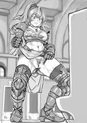 Rule 34 | 1girl, absurdres, armor, armored boots, bathroom, bikini armor, blush, boots, breastplate, closed mouth, clothing aside, collarbone, dodomesu, female focus, female pubic hair, full body, gauntlets, gluteal fold, greyscale, hand up, high ponytail, highres, indoors, jewelry, knight, lifting own clothes, loincloth, long hair, midriff, monochrome, navel, necklace, original, outline, panties, panties aside, peeing, pelvic curtain, pubic hair, pussy, shoulder armor, solo, spread legs, standing, sweat, thighhighs, toned, uncensored, underwear, urinal, urinal use, white outline