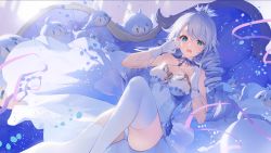 Rule 34 | 1girl, :o, absurdres, benghuai xueyuan, blue eyes, breasts, cleavage, crown, dress, drill hair, gloves, highres, honkai (series), honkai impact 3rd, kiana kaslana, long hair, looking at viewer, official art, open mouth, panties, sleeveless, sleeveless dress, solo, strapless, strapless dress, stuffed toy, thighhighs, twin drills, underwear, white dress, white gloves, white hair, white panties, white thighhighs