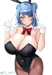 Rule 34 | 1girl, animal ears, black leotard, blue eyes, blue hair, bow, bowtie, breasts, brown pantyhose, covered navel, cowboy shot, curvy, detached collar, double bun, fake animal ears, gloves, hair bun, highres, kantai collection, large breasts, leotard, medium hair, pantyhose, playboy bunny, rabbit ears, rabbit tail, smile, solo, strapless, strapless leotard, tail, tf cafe, traditional bowtie, twitter username, urakaze (kancolle), white gloves, wrist cuffs