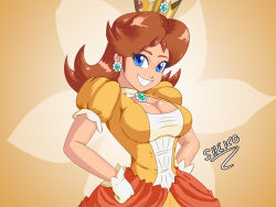 Rule 34 | 1girl, adapted costume, blue eyes, breasts, brown hair, cleavage, crown, dress, earrings, gem, gloves, grin, hands on own hips, highres, jewelry, long hair, looking at viewer, mario (series), medium breasts, nintendo, orange background, princess daisy, puffy short sleeves, puffy sleeves, shekosensei, short sleeves, smile, solo, super mario land, white gloves, yellow dress