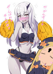 Rule 34 | 2girls, :d, abigail williams (fate), alternate costume, bags under eyes, bare shoulders, black bow, black dress, black hat, black panties, black skirt, blonde hair, blush, blush stickers, bow, breasts, cheerleader, cleavage, closed eyes, commentary request, covered erect nipples, crop top, dress, fate/grand order, fate (series), flying sweatdrops, ganbare ganbare (itou life), hair between eyes, hair bow, hat, highleg, highleg panties, highres, holding, horns, kani club, keyhole, lavinia whateley (fate), long hair, long sleeves, medium breasts, midriff, multiple girls, navel, nose blush, open mouth, orange bow, panties, parted bangs, pink hair, pleated skirt, pom pom (cheerleading), shirt, silver hair, simple background, single horn, skirt, sleeveless, sleeveless shirt, sleeves past fingers, sleeves past wrists, smile, sweat, translation request, underwear, very long hair, white background