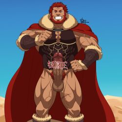 Rule 34 | 1boy, abs, armor, bara, beard, blue sky, bottomless, breastplate, cape, censored, censored by text, dark-skinned male, dark skin, erection, facial hair, fate/grand order, fate/zero, fate (series), full body, fur-trimmed cape, fur trim, grin, highres, iskandar (fate), large pectorals, looking at viewer, male focus, male pubic hair, mature male, muscular, muscular male, nipples, pectoral cleavage, pectorals, penis, pointing, pointing at self, pubic hair, red cape, red eyes, red hair, shirako (kirupi), short hair, sky, smile, solo, standing, thick eyebrows, veins, veiny penis