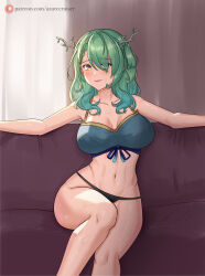 Rule 34 | 1girl, absurdres, antlers, azurecruiser, bare arms, bare legs, black panties, bra, braid, braided bangs, branch, breasts, ceres fauna, cleavage, collarbone, couch, curtains, dress, green hair, hair over one eye, highres, hololive, hololive english, horns, knee up, large breasts, lips, looking at viewer, on couch, outstretched arms, panties, patreon username, ribbon, see-through, see-through dress, sitting, smile, spread arms, sweat, underwear, virtual youtuber, window, yellow eyes