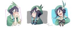 Rule 34 | 1boy, black hair, blue hair, blush, bow, braid, cape, crying, crying with eyes open, flower, frilled sleeves, frills, gem, genshin impact, gradient hair, green eyes, green hat, hair flower, hair ornament, hands on own face, hat, highres, jewelry, leaf, long sleeves, looking at viewer, male focus, mamt56, multicolored hair, open mouth, ribbon, simple background, smile, solo, sweat, tearing up, tears, trap, twin braids, venti (genshin impact), white background, white flower