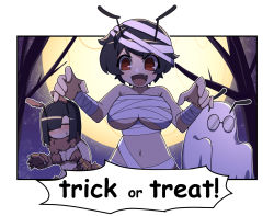 Rule 34 | 4koma, activity ant (gomulgong), ant girl, antennae, bandages, bare shoulders, black hair, breasts, cleavage, closed eyes, comic, costume, english text, glasses, glasses ant (gomulgong), gomulgong, hair over one eye, halloween, large breasts, mummy costume, naked bandage, navel, night, original, outdoors, short hair, sky, speech bubble, star (sky), starry sky, tired ant (gomulgong), tree, trick or treat, werewolf costume