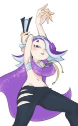 Rule 34 | 1girl, arms up, chest sarashi, hair over one eye, hand fan, highres, hip bones, looking at viewer, looking down, navel, nintendo, octoling player character, paper fan, parted lips, purple hair, red eyes, sarashi, shiver (splatoon), solo, splatoon (series), splatoon 3, tentacle hair, torn clothes, torn legwear, vongulli, white background