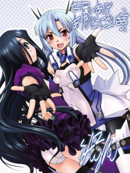 Rule 34 | 10s, 2girls, ass, black hair, blue hair, blush, bodysuit, dress, fingerless gloves, gloves, hair ornament, hair over one eye, isuka (mahou shoujo isuka), long hair, looking at viewer, looking back, magical girl, mahou shoujo isuka, multiple girls, open mouth, outstretched arms, outstretched hand, panties, red eyes, silver hair, smile, underwear, very long hair
