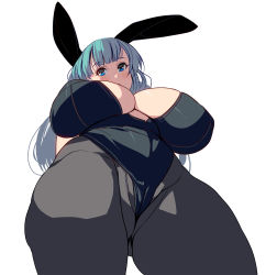 Rule 34 | 1girl, animal ears, black leotard, blue eyes, blue hair, breasts, bulma, commentary, covered erect nipples, curvy, dragon ball, dragon ball (classic), fake animal ears, from below, highres, huge breasts, kouno (masao), leotard, long hair, looking at viewer, looking down, pantyhose, playboy bunny, plump, rabbit ears, rabbit girl, simple background, solo, thick thighs, thighs, white background