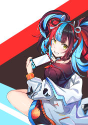 Rule 34 | 1girl, absurdres, choker, color connection, fate/grand order, fate (series), from behind, grin, highres, jeffrey10, looking back, multicolored hair, nail polish, nintendo switch, off-shoulder jacket, off shoulder, playing games, sailor collar, sei shounagon (fate), sitting, smile, solo, sparkling archer, twintails, yellow eyes