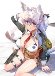 Rule 34 | 1girl, animal ears, bare shoulders, barefoot, bed sheet, between breasts, breasts, cleavage, closed mouth, collarbone, comiket 100, commentary, cover, cover page, dot nose, feet, glasses, gold trim, hair between eyes, hand up, hat, highres, holding, holding weapon, holster, kiryuu takahisa, large breasts, light purple hair, long bangs, long hair, long sleeves, melonbooks, military, military hat, military uniform, navel, necktie, necktie between breasts, purple eyes, shadow, shrug (clothing), simple background, sitting, smile, solo, split mouth, swimsuit, tail, thigh strap, thighs, two side up, uniform, wariza, weapon, white background, white hair