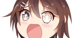 Rule 34 | + +, 10s, 1girl, brown eyes, brown hair, close-up, furutaka (kancolle), glowing, glowing eye, hair between eyes, heterochromia, kantai collection, looking at viewer, nahaki, no nose, open mouth, portrait, short hair, simple background, sin-poi, solo, sparkling eyes, symbol-shaped pupils, white background, yellow eyes