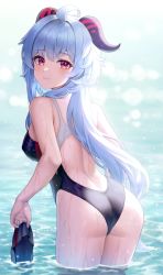 Rule 34 | 1girl, ahoge, ass, blue hair, blue one-piece swimsuit, blush, breasts, chelly (glisten chelly), competition swimsuit, from behind, ganyu (genshin impact), genshin impact, highres, horns, long hair, looking at viewer, low ponytail, medium breasts, one-piece swimsuit, purple eyes, sidelocks, smile, solo, swimsuit, water, wet, wet clothes