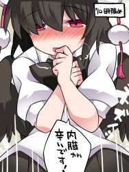 Rule 34 | 1girl, blush, bow, commentary request, dress shirt, hammer (sunset beach), hat, heavy breathing, open mouth, red eyes, shameimaru aya, shirt, short hair, skirt, smile, solo, tokin hat, touhou, translation request, upper body