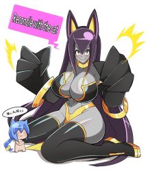 Rule 34 | 2girls, abs, animal ears, black bra, blush, bra, bracelet, breasts, cat ears, chibi, claws, colored skin, fangs, grey skin, iriomote umineko, jewelry, large breasts, loincloth, looking at viewer, midriff, multiple girls, necklace, nude, original, purple hair, smile, speech bubble, thick thighs, thighhighs, thighs, underwear, white background, yellow eyes