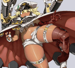 Rule 34 | 1girl, bandages, belt, cape, clover, crop top, dark-skinned female, dark skin, feet out of frame, fighting stance, fingerless gloves, four-leaf clover, frown, gloves, guilty gear, guilty gear strive, hair between eyes, hair over one eye, hat, highres, kicking, midriff, multiple belts, navel, platinum blonde hair, ramlethal valentine, skindentation, solo, stomach, sword, thick thighs, thigh strap, thighs, weapon, white cape, white gloves, yellow eyes, ysk!