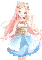 Rule 34 | 1girl, :d, abigail williams (fate), absurdres, bare arms, bare shoulders, blonde hair, blue bow, blue eyes, blue skirt, blush, bow, breasts, collarbone, commentary request, fate/grand order, fate (series), hair bow, hand up, head tilt, highres, long hair, looking at viewer, open mouth, orange bow, parted bangs, pleated skirt, simple background, skirt, small breasts, smile, solo, standing, very long hair, white background, yellow bow, yukaa