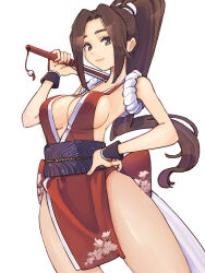 Rule 34 | 1girl, bare shoulders, breasts, brown hair, cleavage, fatal fury, female focus, hand fan, highres, large breasts, long hair, ooiwa (irc14786149), pelvic curtain, ponytail, shiranui mai, sideboob, sleeveless, solo, the king of fighters