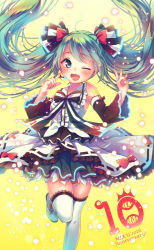 Rule 34 | 1girl, ;d, ahoge, blue nails, boots, bow, bowtie, character name, detached sleeves, floating hair, green eyes, green hair, hair bow, hatsune miku, layered skirt, long hair, microphone, nail polish, nemuri nemu, office lady, one eye closed, open mouth, red bow, shiny skin, skirt, smile, solo, standing, standing on one leg, striped, striped bow, thigh boots, thighhighs, twintails, very long hair, vocaloid, white footwear, yellow background