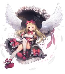 Rule 34 | 1girl, ankle ribbon, artist name, blonde hair, bow, bowtie, dress, dungeon and fighter, feathered wings, feathers, frilled dress, frilled sleeves, frilled umbrella, frills, gothic lolita, hair bow, holding, holding umbrella, leg ribbon, lolita fashion, long hair, long sleeves, looking at viewer, muloli, over-kneehighs, panties, parasol, petals, pink bow, pink bowtie, red eyes, ribbon, ribbon trim, shoes, showgirl skirt, solo, stuffed animal, stuffed toy, teddy bear, thighhighs, tongue, tongue out, umbrella, underwear, white feathers, white panties, white thighhighs, white wings, wings