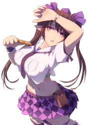 Rule 34 | 1girl, arm up, belt, black necktie, bra, breast pocket, breasts, brown hair, checkered clothes, checkered skirt, commentary request, green bra, green panties, hat, himekaidou hatate, holding, holding phone, kagami toufu, large breasts, long hair, midriff, miniskirt, navel, necktie, panties, phone, pleated skirt, pocket, pointy ears, pouch, purple eyes, purple hat, purple skirt, shirt, simple background, skirt, solo, tokin hat, touhou, twintails, underwear, watch, white background, white shirt, wristwatch