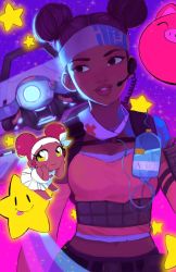 Rule 34 | 1girl, ;p, apex legends, backpack, bag, breasts, brown eyes, chibi, coiled cord, commentary, dark skin, dark-skinned female, double bun, drone, elbow pads, eyelashes, floating, freckles, hands on own face, headband, headset, highres, intravenous drip, lifeline (apex legends), lips, looking to the side, machinery, mask, mask around neck, medic, mouth mask, nose, one eye closed, parted lips, pink hair, short hair, shoulder tattoo, skirt, solo, star (symbol), surgical mask, tattoo, teeth, tongue, tongue out, upper body, very dark skin, white skirt