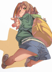 Rule 34 | 1girl, backpack, bag, blue shorts, blush, brown footwear, brown hair, closed mouth, commentary request, fang, fingernails, from behind, fu-ta, green eyes, green jacket, green panties, highres, jacket, long sleeves, looking at viewer, looking back, multicolored hair, oka asahi, onii-chan wa oshimai!, panties, red hair, shoes, shorts, smile, solo, standing, two-tone hair, underwear