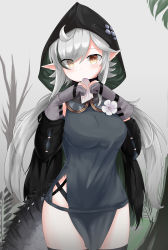 Rule 34 | 1girl, absurdres, ahoge, arknights, black sleeves, black thighhighs, breasts, cowboy shot, crocodilian tail, detached sleeves, flower, gloves, goggles, goggles around neck, green hair, green tunic, grey background, grey gloves, grey hair, hands up, highres, holding, holding paper, hood, hood up, long hair, looking at viewer, medium breasts, min1910, paper, partially fingerless gloves, pelvic curtain, pointy ears, simple background, solo, tail, thighhighs, thighs, tomimi (arknights), white flower, yellow eyes