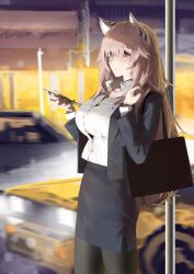 Rule 34 | 1girl, absurdres, alternate costume, animal ears, asimo (hakurei10201), bag, black jacket, black pantyhose, black skirt, breasts, car, cat ears, cellphone, collared shirt, cowboy shot, girls&#039; frontline, girls&#039; frontline neural cloud, highres, holding, holding phone, jacket, large breasts, long hair, looking at viewer, motor vehicle, office lady, pantyhose, pencil skirt, persicaria (neural cloud), phone, pink eyes, pink hair, shirt, shoulder bag, skirt, smartphone, smile, solo, white shirt