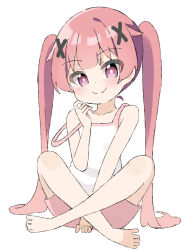 Rule 34 | 1girl, bare arms, bare shoulders, barefoot, blush, camisole, closed mouth, collarbone, commentary request, hair ornament, head tilt, highres, kapuru 0410, looking at viewer, pink hair, pink shorts, purple eyes, short shorts, shorts, simple background, smile, solo, strap slip, tanemura koyori, twintails, watashi ni tenshi ga maiorita!, white background, white camisole, x hair ornament