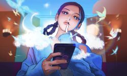 Rule 34 | 1girl, absurdres, animification, black nails, blue eyes, blue sweater, braid, braided hair rings, brown hair, bug, butterfly, cellphone, hair behind ear, hair rings, head tilt, highres, insect, jiangkang meizi, k-pop, lens flare, looking at phone, looking down, nail polish, nayeon (twice), phone, portrait, real life, smartphone, solo, sparkle, sweater, twice (group)