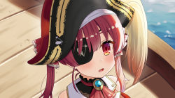 Rule 34 | 1girl, bare shoulders, dorianpanda, eyepatch, hat, heart, highres, hololive, houshou marine, looking up, open mouth, pirate hat, red eyes, red hair, ship, solo, twintails, upper body, virtual youtuber, water, watercraft