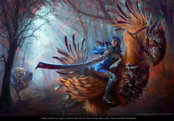 Rule 34 | 00s, 1girl, armor, bird, black hair, blue mage, boots, breasts, chocobo, english text, feathers, final fantasy, final fantasy xi, floating hair, forest, goblin (final fantasy), large breasts, looking back, moonlight, nature, randis, realistic, riding, scar, signature, square enix, sword, watermark, weapon, web address