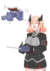 Rule 34 | 1girl, azur lane, commentary request, controller, cross, drone, gatling gun, hair ornament, hey taisyou, highres, iron cross, light brown hair, military, military uniform, multicolored hair, open mouth, pun, remote control, roon (azur lane), streaked hair, uniform