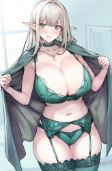 Rule 34 | 1girl, blonde hair, blush, bra, breasts, cape, cape lift, cleavage, elf, garter belt, garter straps, green bra, green eyes, green panties, green thighhighs, huge breasts, jewelry, lace, lace-trimmed bra, lace-trimmed legwear, lace-trimmed panties, lace trim, long hair, looking at viewer, mi2mi2 minmi, necklace, original, panties, parted lips, pointy ears, smile, solo, thighhighs, underwear, underwear only