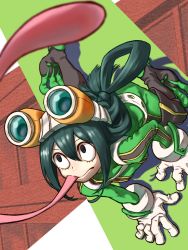 Rule 34 | 1girl, asui tsuyu, black eyes, bodysuit, boku no hero academia, bow-shaped hair, commentary request, frog girl, gloves, goggles, goggles on head, green bodysuit, green hair, hair between eyes, hair rings, highres, long hair, long tongue, low-tied long hair, solo, tongue, tongue out, very long tongue, yomoyama yotabanashi