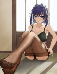 Rule 34 | 1girl, absurdres, bangom r, black bra, black panties, blue eyes, blue hair, blush, bra, breasts, brown pantyhose, clothes pull, feet, feet together, foreshortening, full body, hair between eyes, hair intakes, highres, hololive, hololive english, indoors, knees up, large breasts, nail polish, no shoes, open mouth, ouro kronii, panties, pantyhose, pantyhose pull, pink nails, pulled by self, sitting, solo, toenail polish, toenails, toes, underwear, underwear only, virtual youtuber