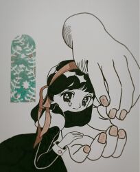 Rule 34 | 1girl, 1other, black dress, black eyes, black hair, buttoned cuffs, buttons, closed mouth, commentary, disembodied hand, dress, fingernails, from side, fuminooco, hair ribbon, hairband, highres, limited palette, long hair, long sleeves, looking at viewer, looking to the side, original, out of frame, plant, red hairband, red ribbon, ribbon, simple background, single tear, traditional media, upper body, window